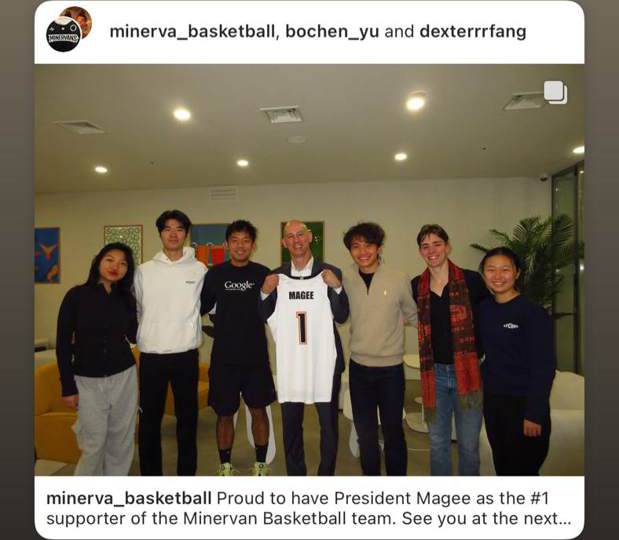 The Minerva basketball team with the university president