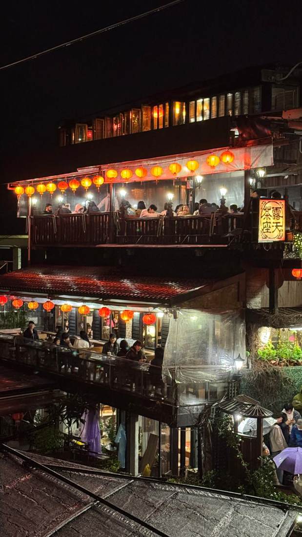 Red lanterns on the hillside teahouses of Jiufen at dusk