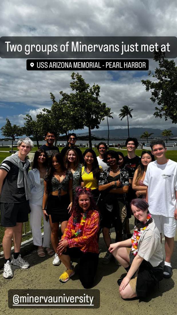 Two groups of Minerva students meeting at Pearl Harbor
